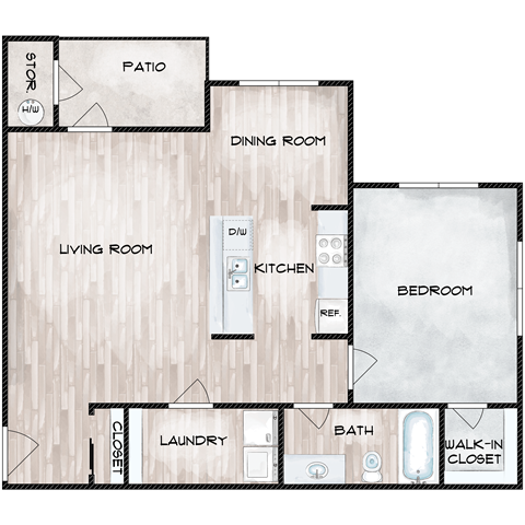 A floor plan of a house with a living room, dining room, kitchen, bedroom, bathroom, laundry, and patio.